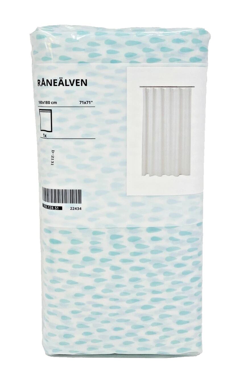 IKEA RÅNEÄLVEN Shower Curtain White/Turquoise 71" x 71" Rain Drop–NEW